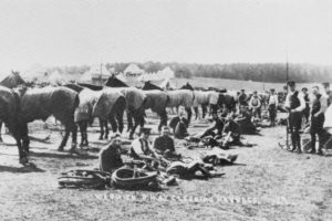 Picture of men cleaning their equipment with horses waiting